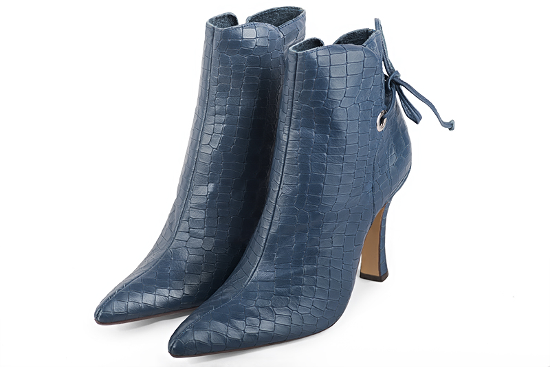 Denim blue women's ankle boots with laces at the back. Tapered toe. Very high spool heels. Front view - Florence KOOIJMAN